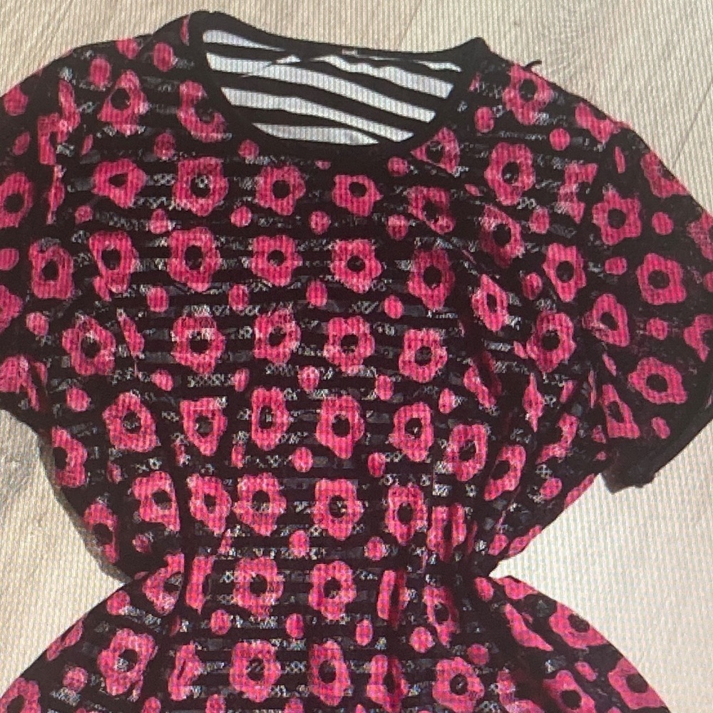 Free People Black Top with Hot Pink Floral Print